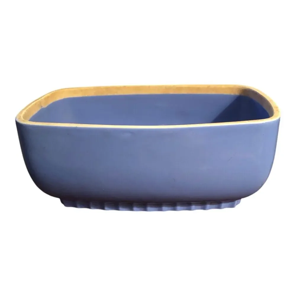 Vintage Hall Pottery Montgomery Ward Blue Gold Trim Rectangular Dish 8” USA